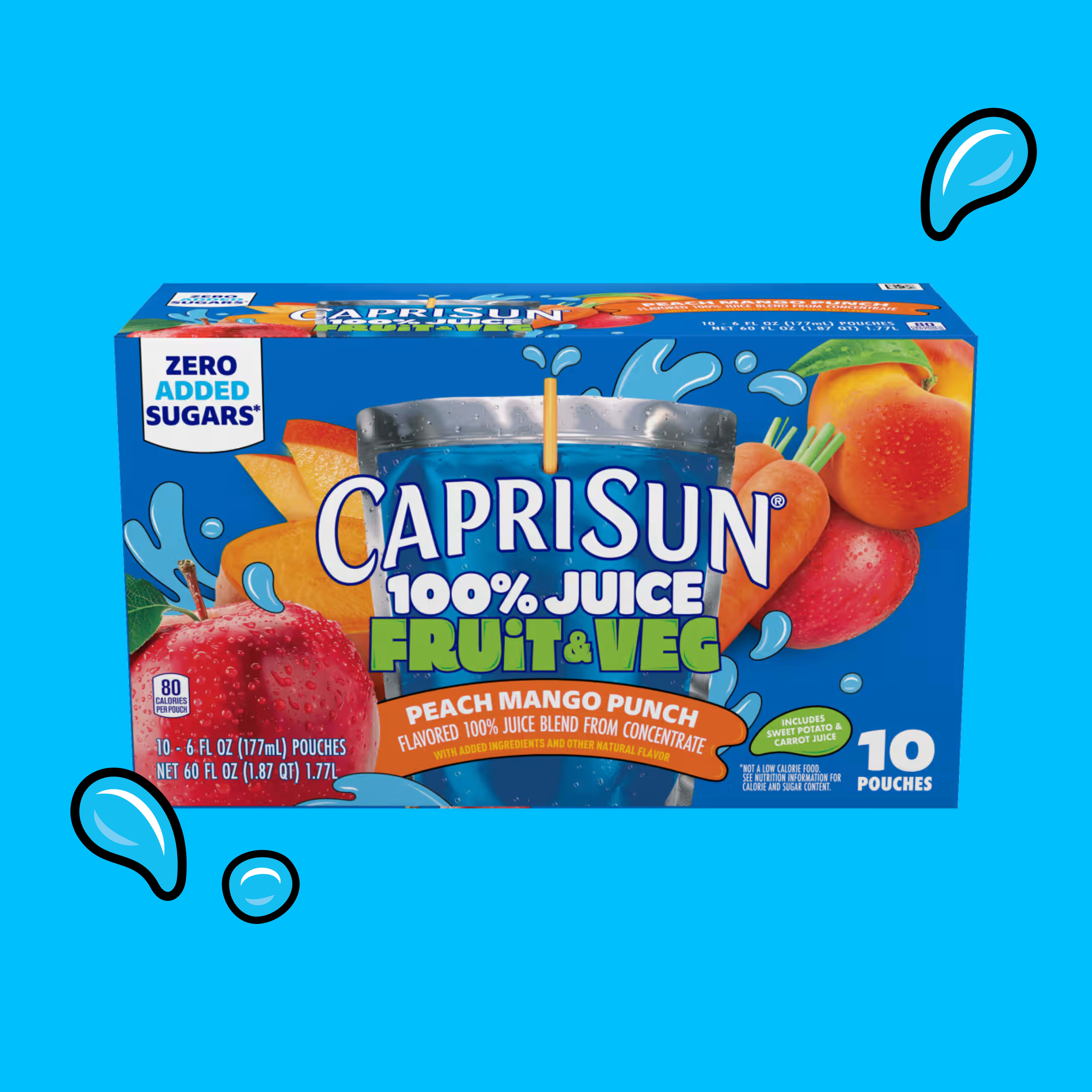 Capri Sun 100% Juice Fruit & Veg Peach Mango Punch 10-pack box featuring peach, apple, and carrot illustrations on blue.
