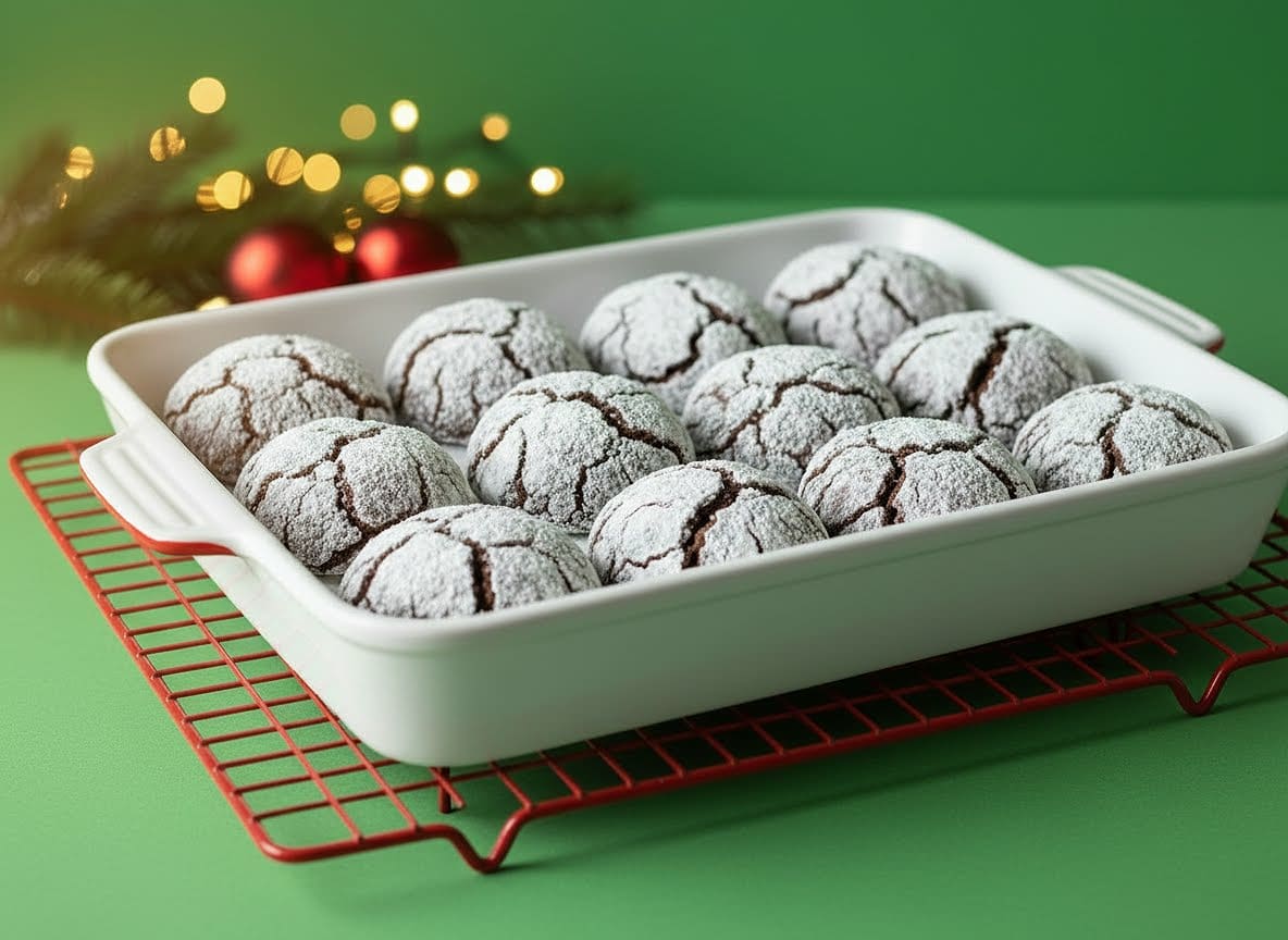  A white baking dish filled with chocolate crinkle cookies dusted with powdered sugar, on a red cooling rack.
