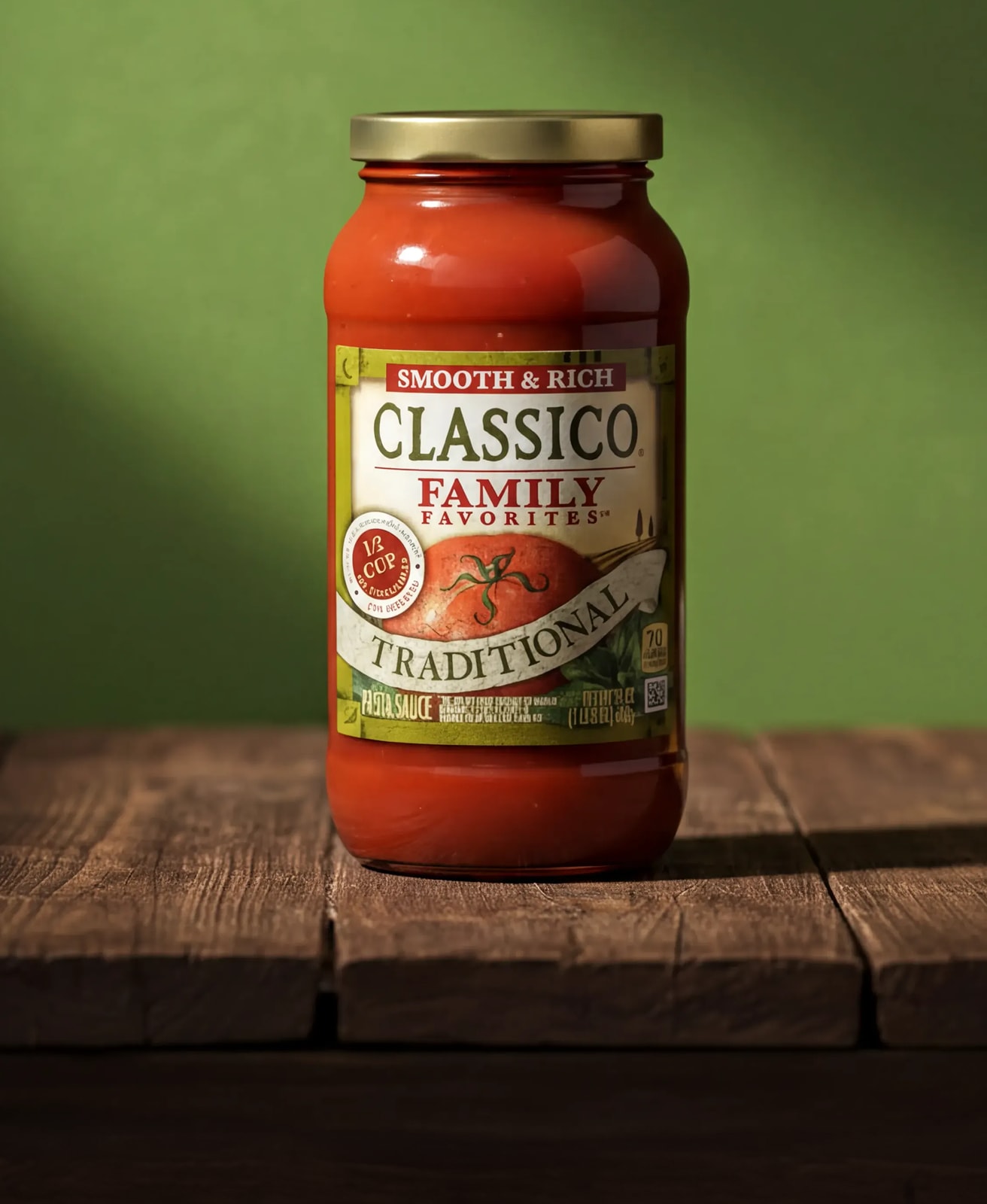 A shot of a glass jar of Classico Smooth & Rich Family Favorites Traditional Pasta Sauce, filled with red tomato sauce.