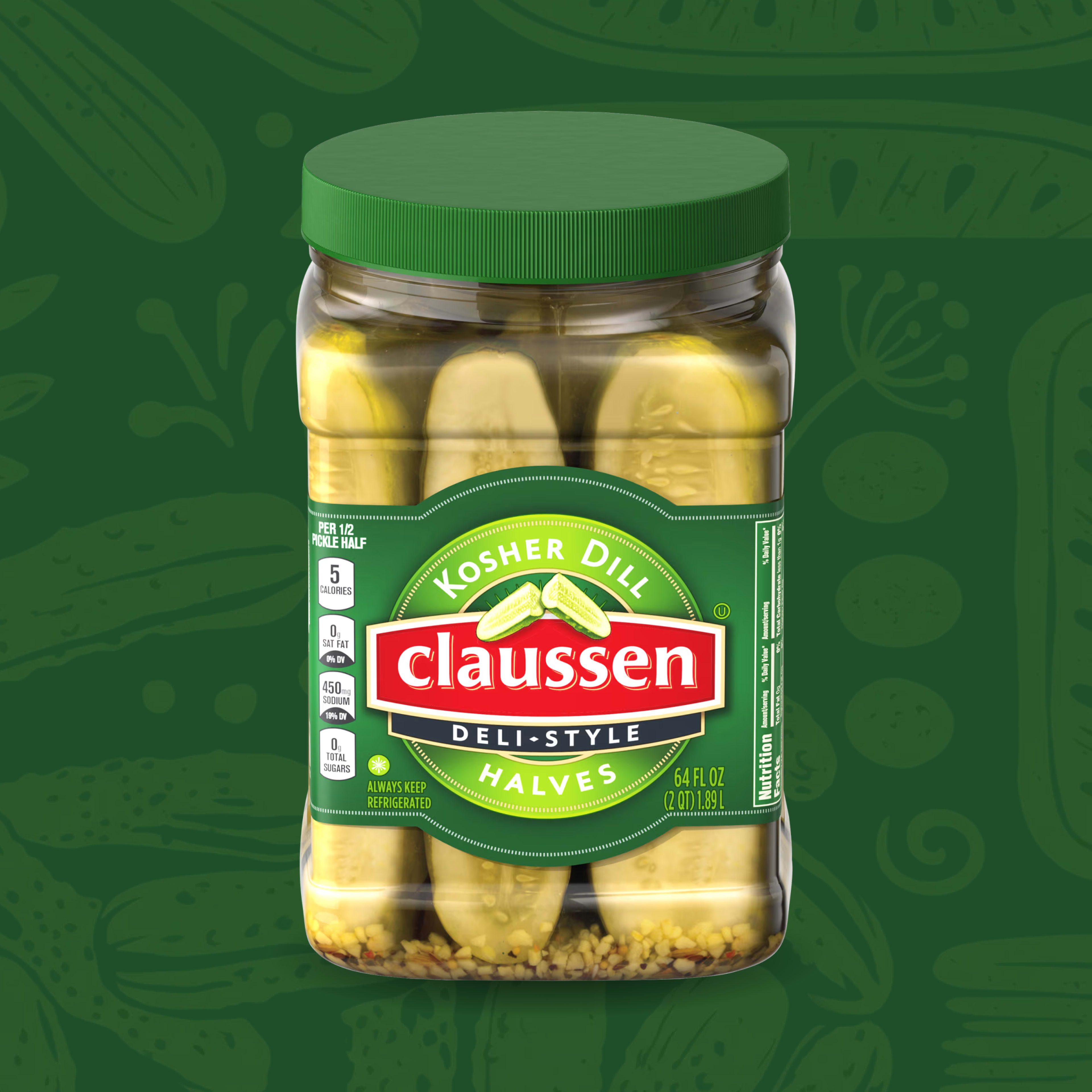 A jar of Claussen Kosher Dill Deli-Style Pickle Halves