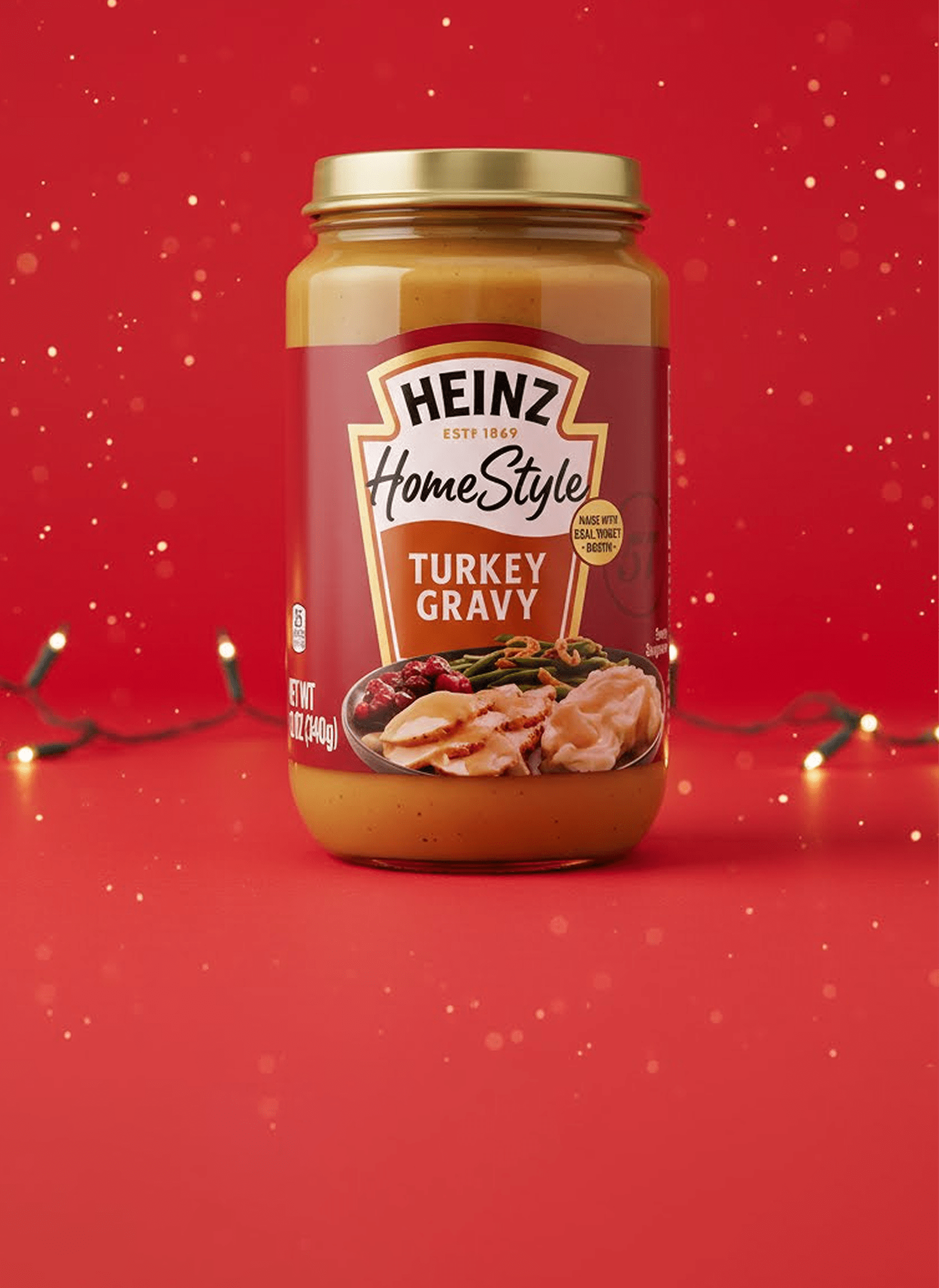 A jar of Heinz Homestyle Turkey Gravy centered on a red background with festive Christmas lights and falling golden sparkles.