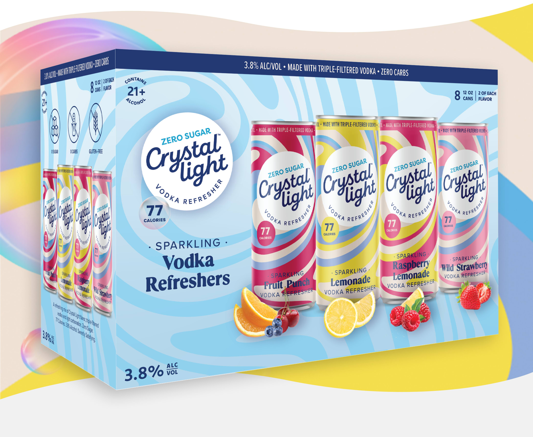 Crystal Light Zero Sugar Sparkling Vodka Refreshers 8-pack variety box showing fruit punch, lemonade, and berry flavors.