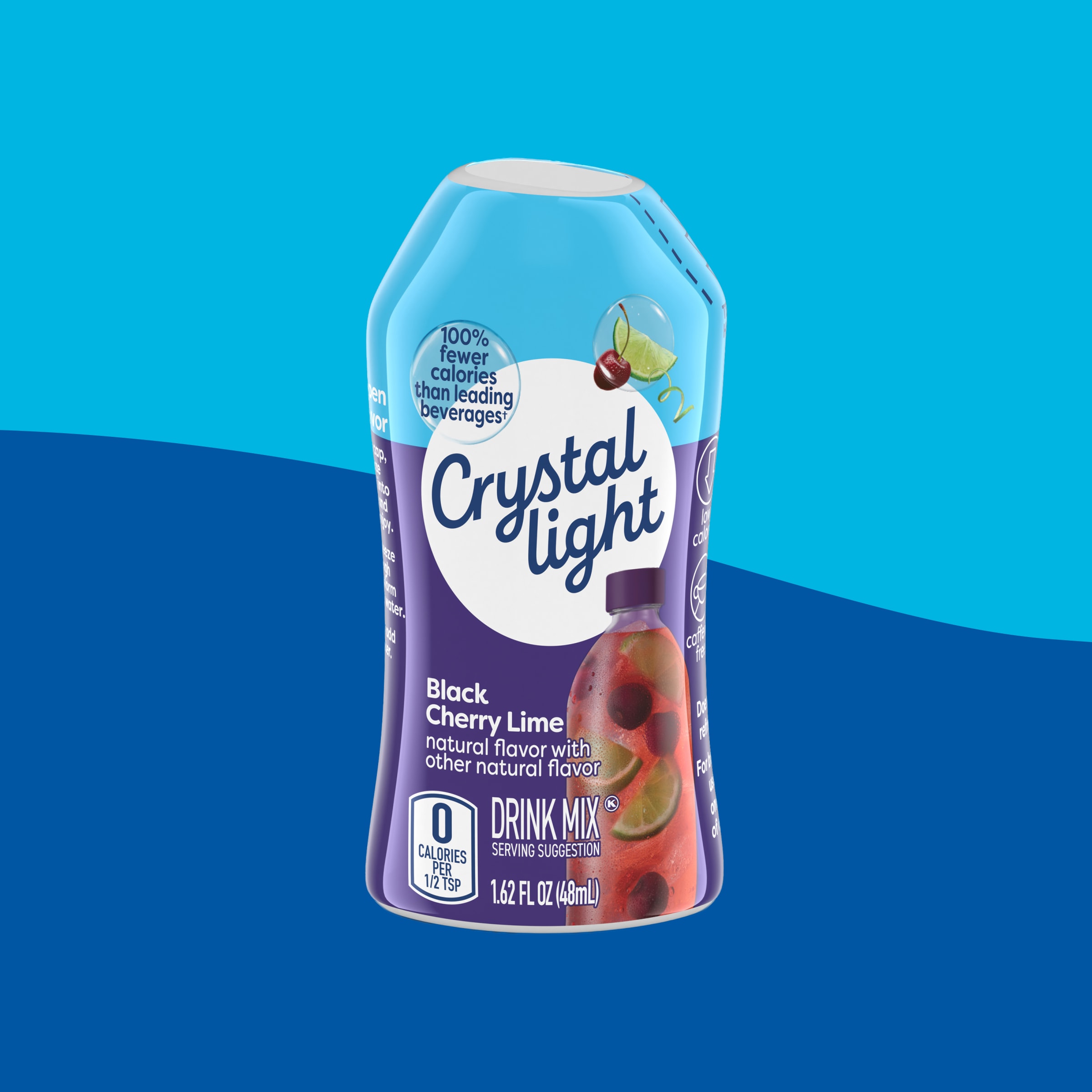 Crystal Light Liquid Drink Mix, Black Cherry Lime flavor. Zero-calorie, natural flavor for instant refreshment.