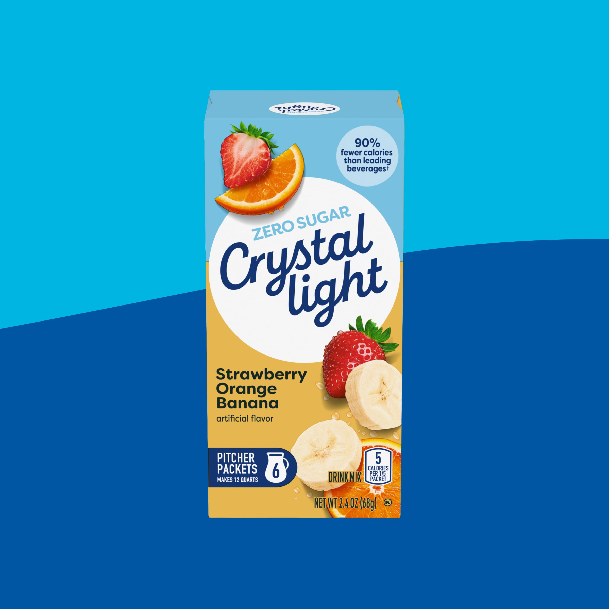 Crystal Light Zero Sugar Strawberry Orange Banana pitcher packets. A vibrant, low-calorie fruit-flavored drink mix.