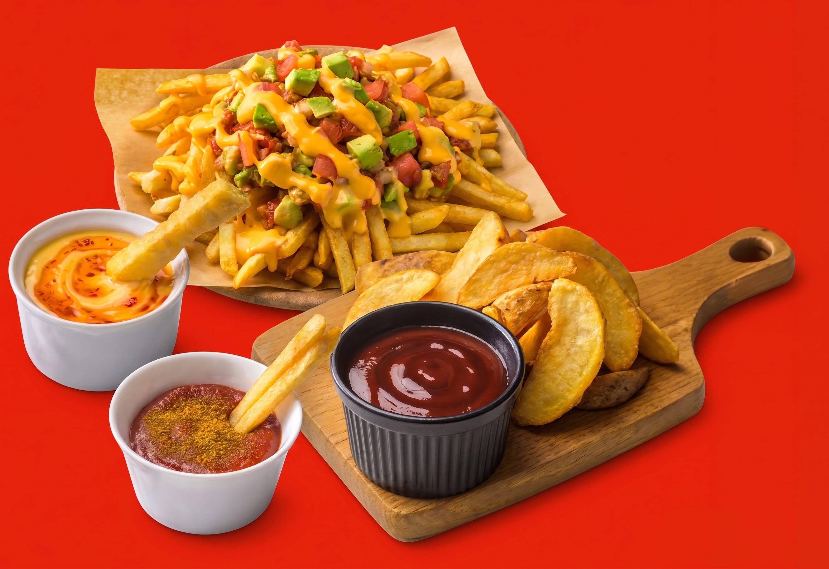 チーズとアボカドをのせたフライドポテトと、ケチャップやスパイシーソースを添えたポテトウェッジ。