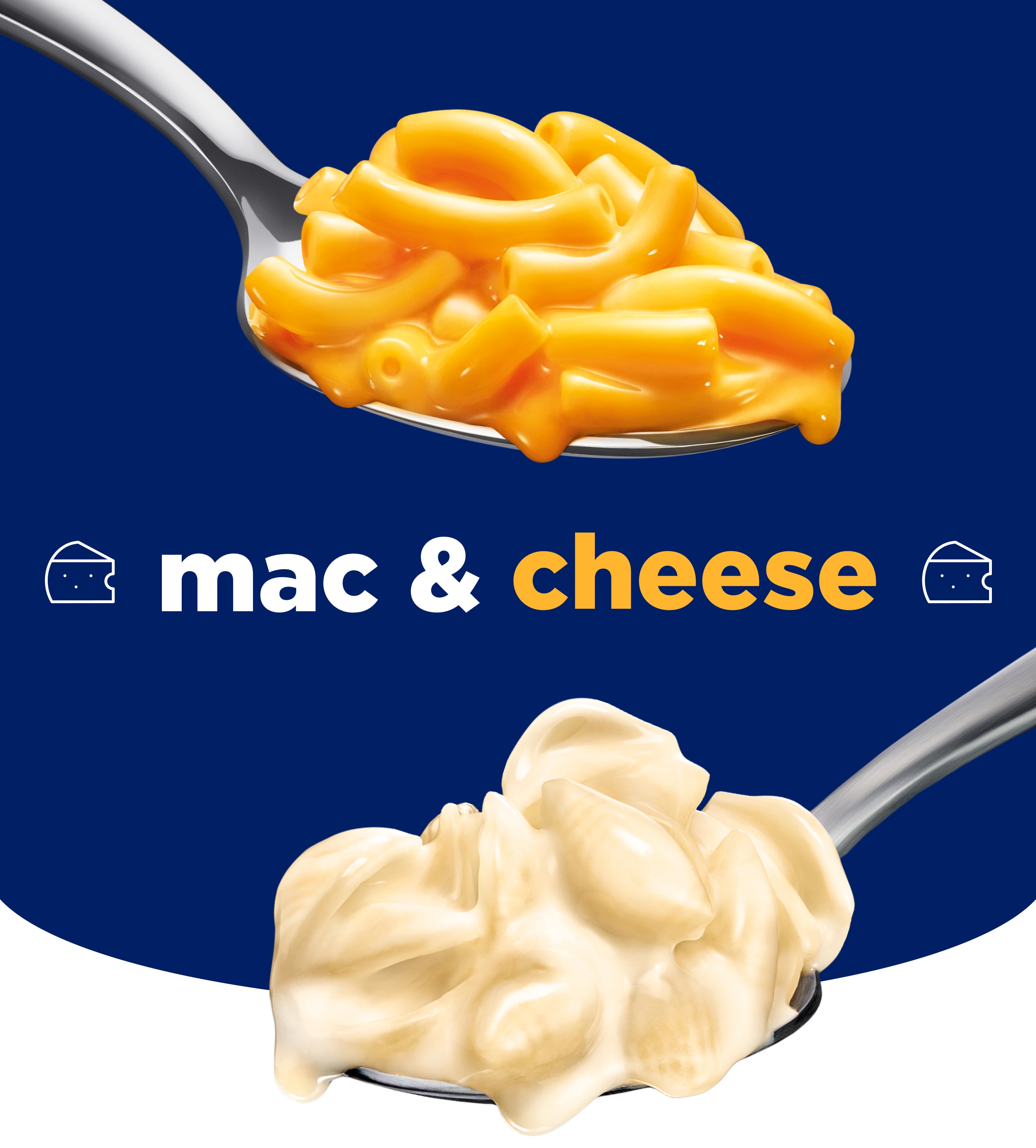 Two spoons of KD Plant-Based mac and cheese: white cheddar shells and original macaroni on a blue background.