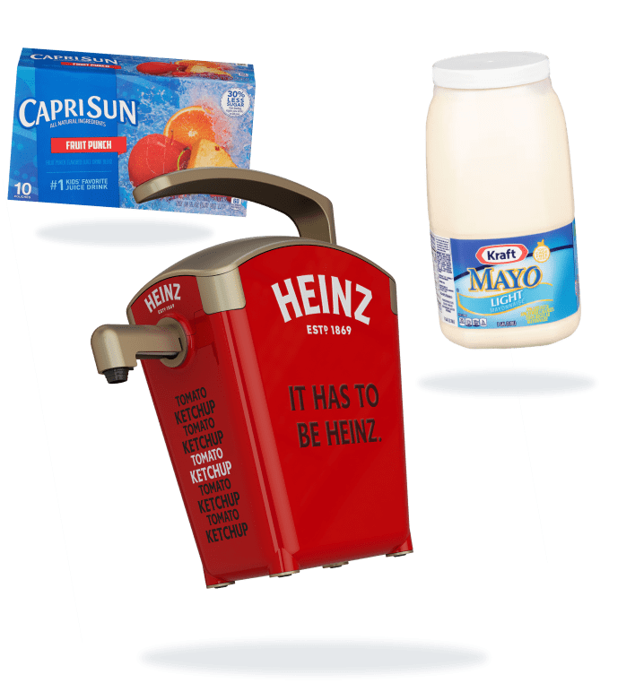 A collection of Kraft Heinz products including Capri Sun Fruit Punch, a Heinz Ketchup dispenser, and a jar of Kraft Mayo Ligh