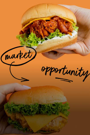 Two chicken sandwiches held in hands against an orange background. Text overlays highlight "market" and "opportunity."