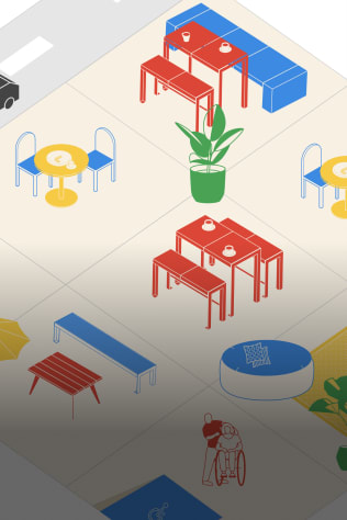 An isometric illustration showcasing different outdoor seating arrangements for restaurants, including tables, benches, chair