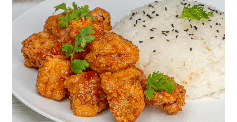 Honey chicken with sesame rice.