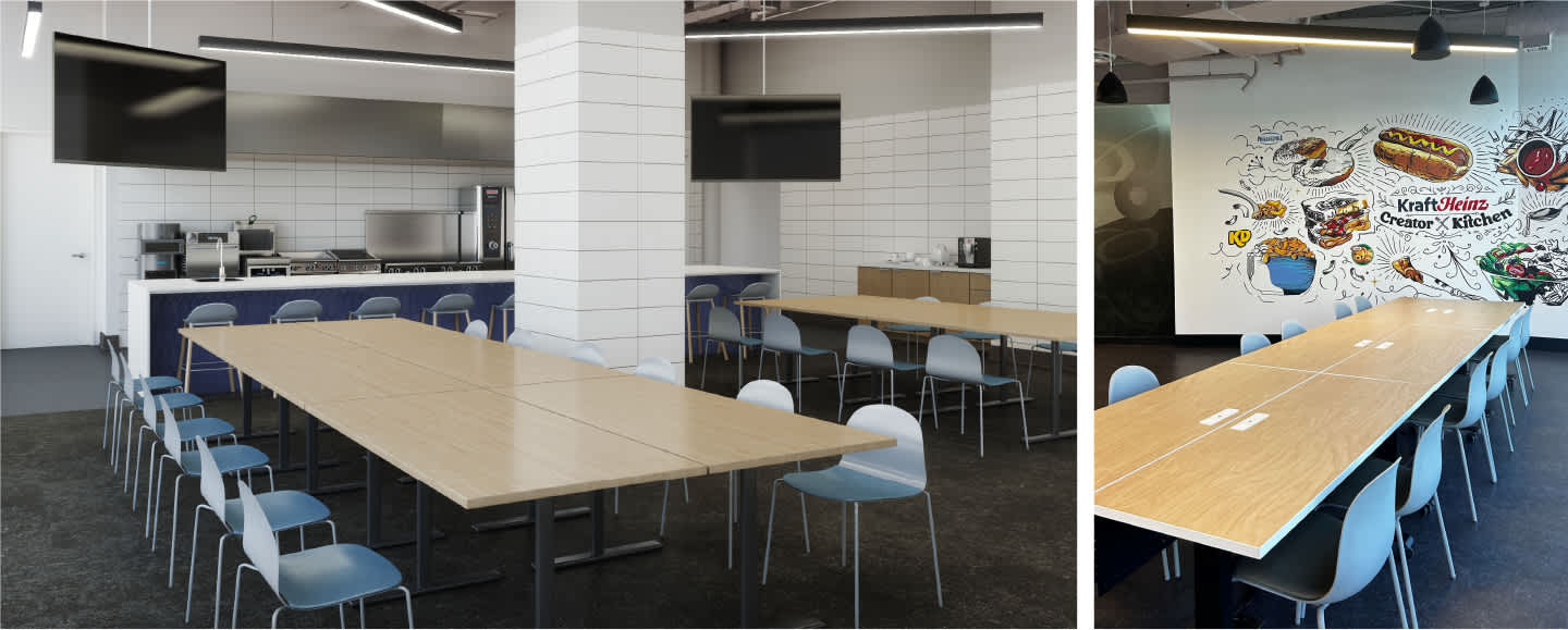 Meeting room with a kitchen in the background and a wall decorated with food drawings.