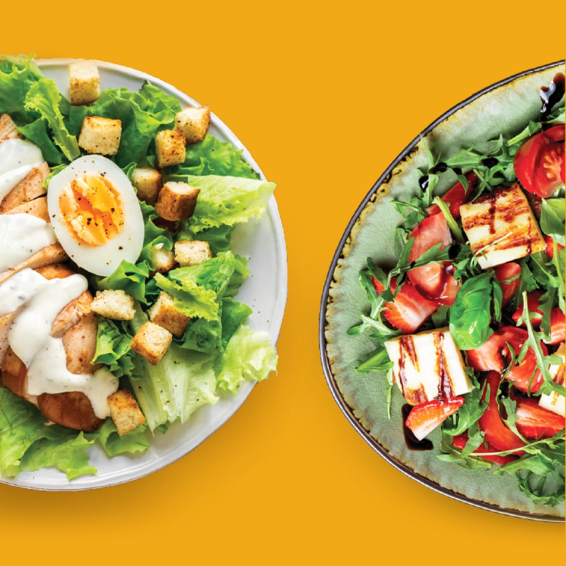 Salads with varied ingredients in dishes