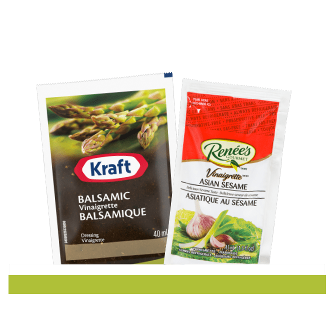 Vinaigrette : vinaigre balsamique Kraft et vinaigrette asiatique au sésame Renée's.