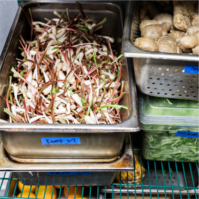 Storage containers holding ramps, ginger and other vegetables.