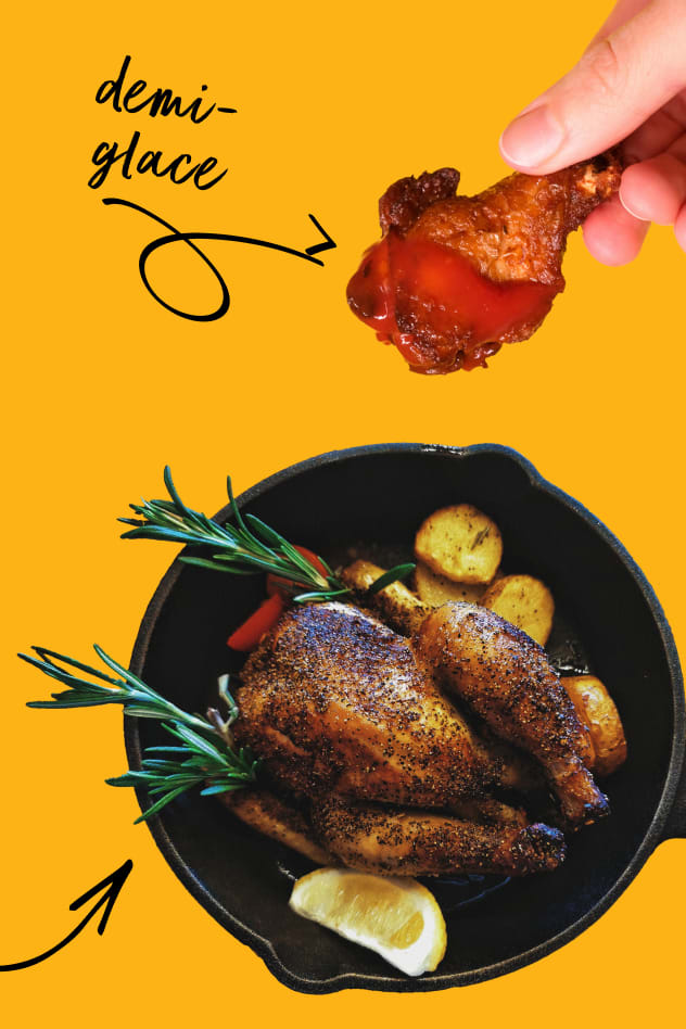 A hand holding a chicken drumstick and roast chicken in a cast iron skillet in front of a yellow background