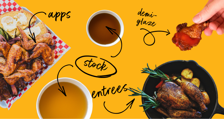 Plate with chicken wings, two pots of stock, a hand holding a chicken drumstick and roast chicken in a cast iron skillet in f