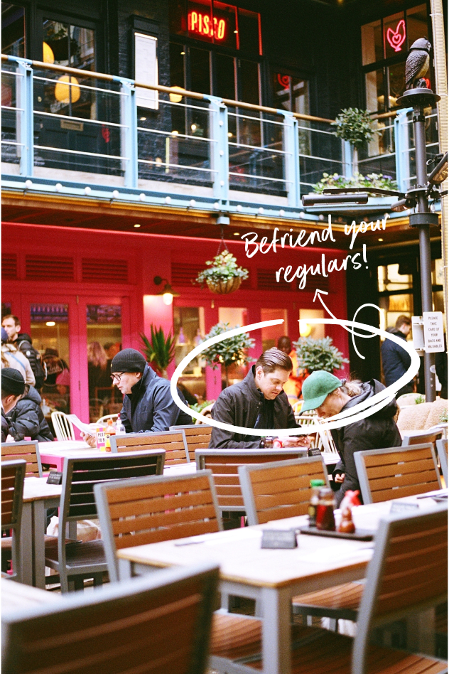 Customers enjoying a meal at a restaurant patio, with an emphasis on befriending regulars for better customer retention.