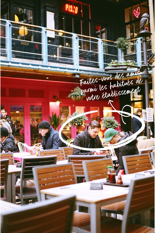 Customers enjoying a meal at a restaurant patio, with an emphasis on befriending regulars for better customer retention.