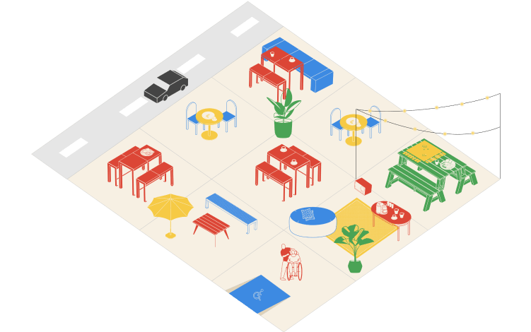 Vue isométrique d'un café en plein air avec des tables et des chaises.