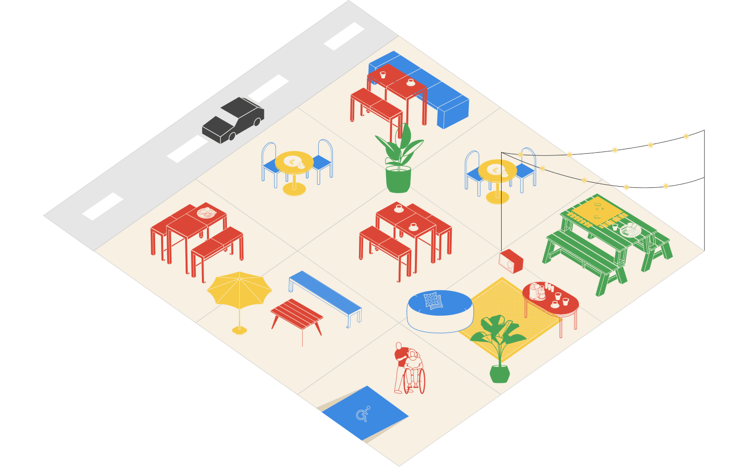 Illustration of how to arrange tables, chairs, plants and lighting in an outdoor restaurant area