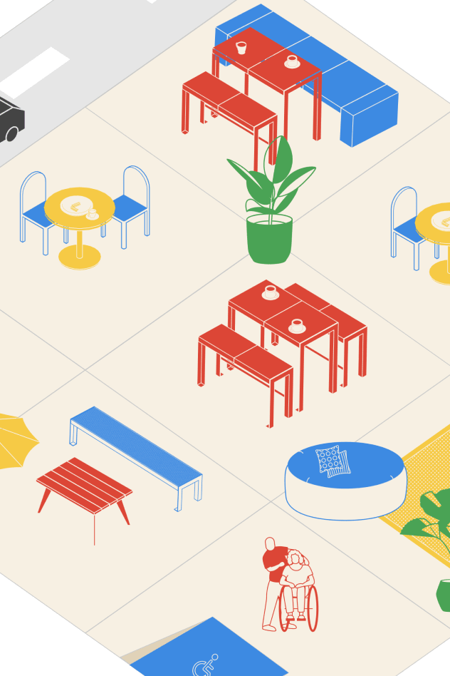 An isometric illustration showcasing different outdoor seating arrangements for restaurants, including tables, benches, chair