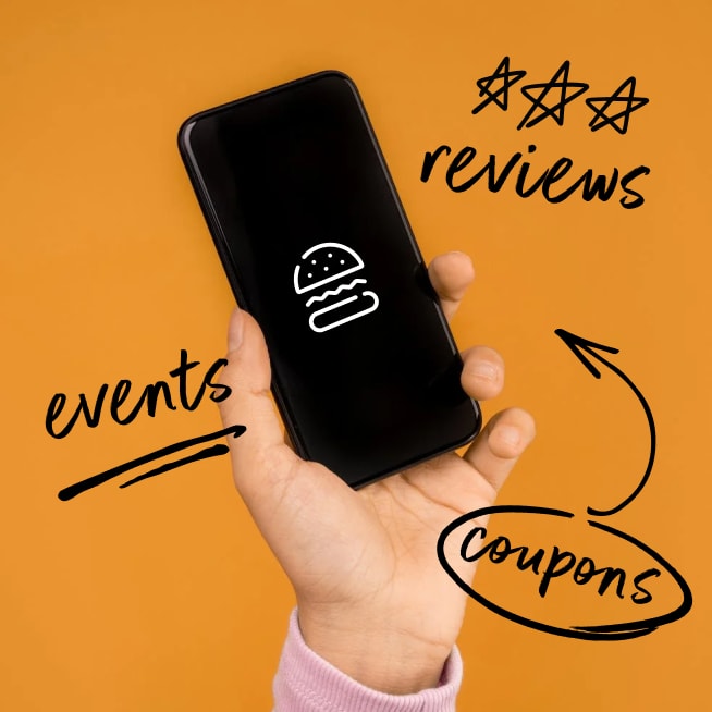 A phone app displaying a burger icon, with text about events, reviews and coupons.