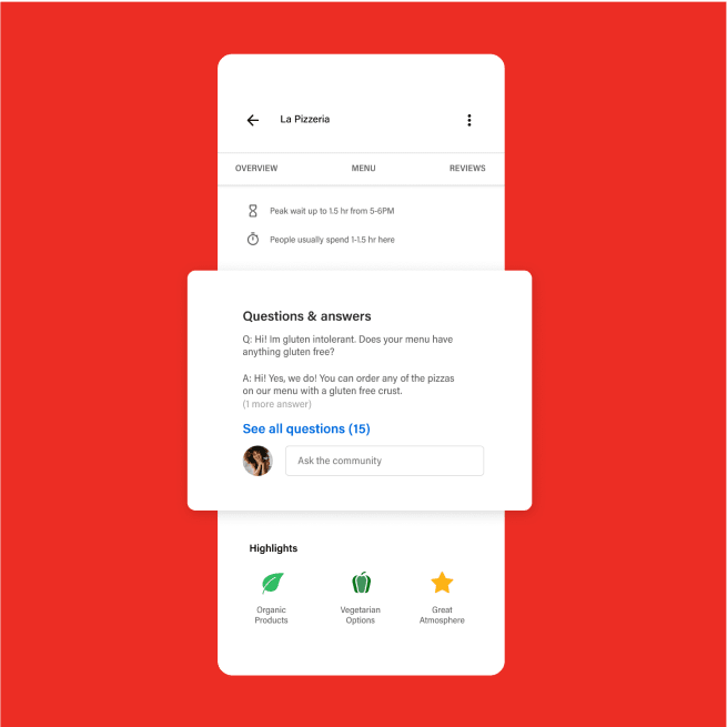 Cellphone screen showing a review for a pizza restaurant in Google business profile