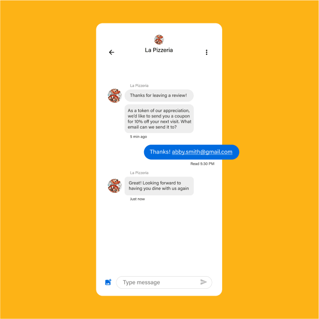 Text message conversation from La Pizzeria showing messages about a review and coupon.