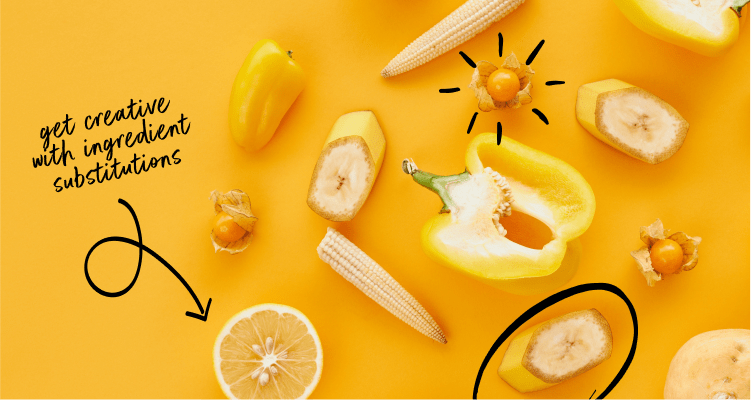 Creative ad for ingredient substitutions with pepper, banana, corn and lemon.