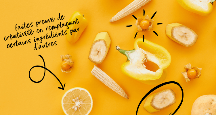 Publicité créative d'aliments jaunes avec des fruits et légumes.
