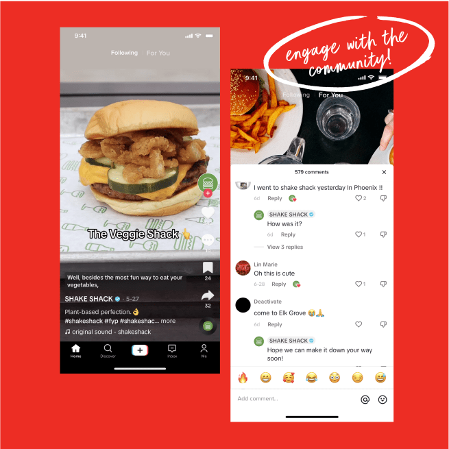 A phone screen displaying social media posts about a veggie burger from Shake Shack.