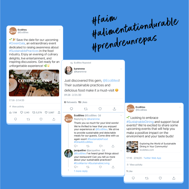 Tweets promotionnels d'EcoBites sur les pratiques durables et #GreenGala.