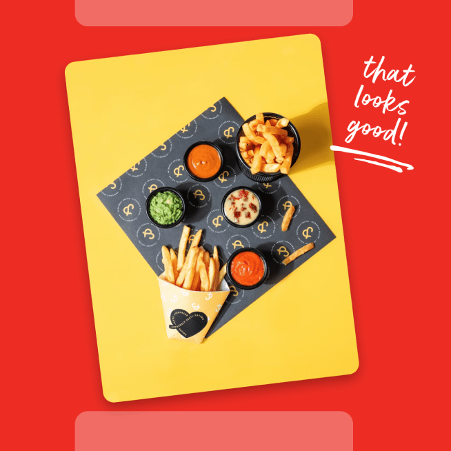 French fries and different types of sauce on a table