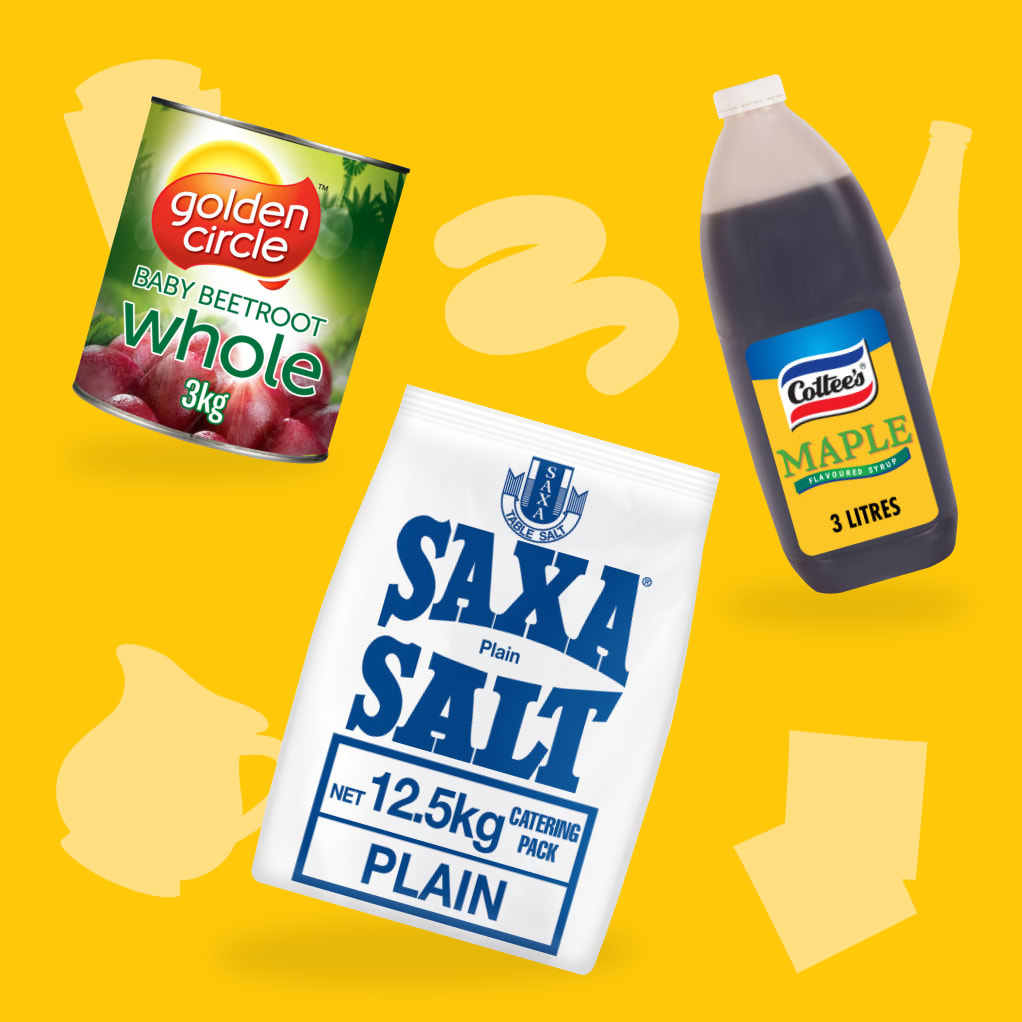 A can of baby beetroot, a bag of Saxa salt, and a bottle of Cottee's maple syrup.
