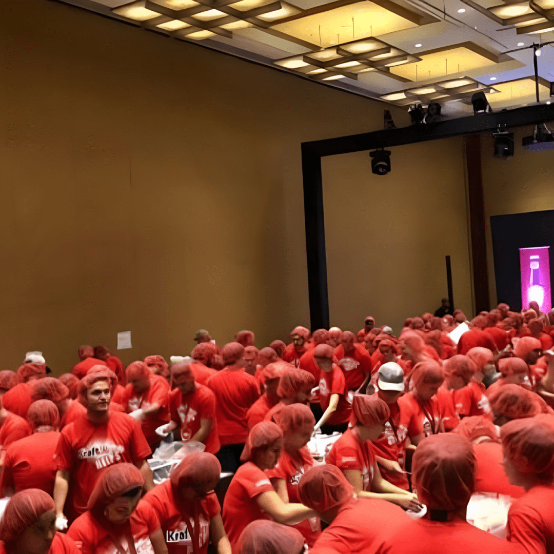 A crowd of people in red caps and shirts working indoors.