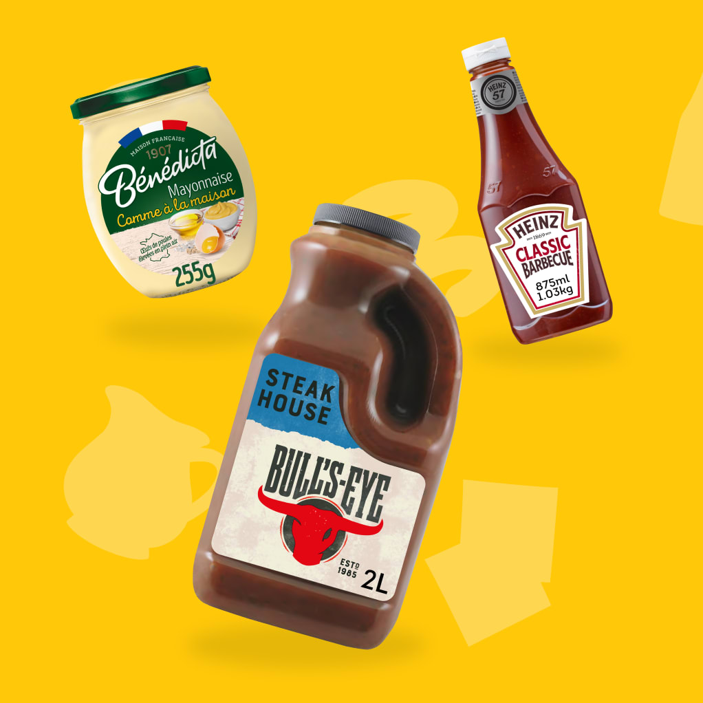 Sauces assorties: Mayonnaise Bénédicta, BBQ Bull's-Eye, Ketchup Heinz.