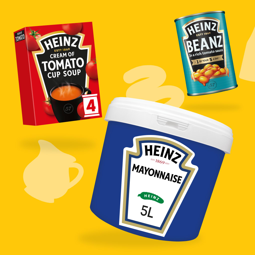 Heinz product containers: tomato soup, beans, mayonnaise.