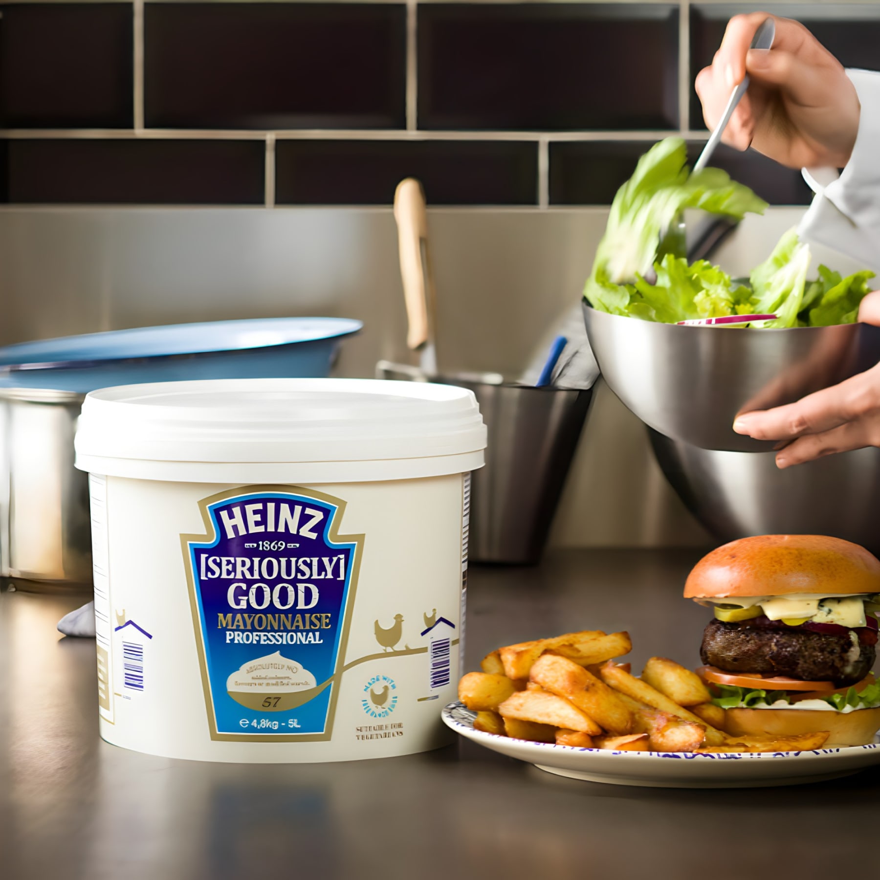 Heinz mayonnaise with burger, fries, and salad.