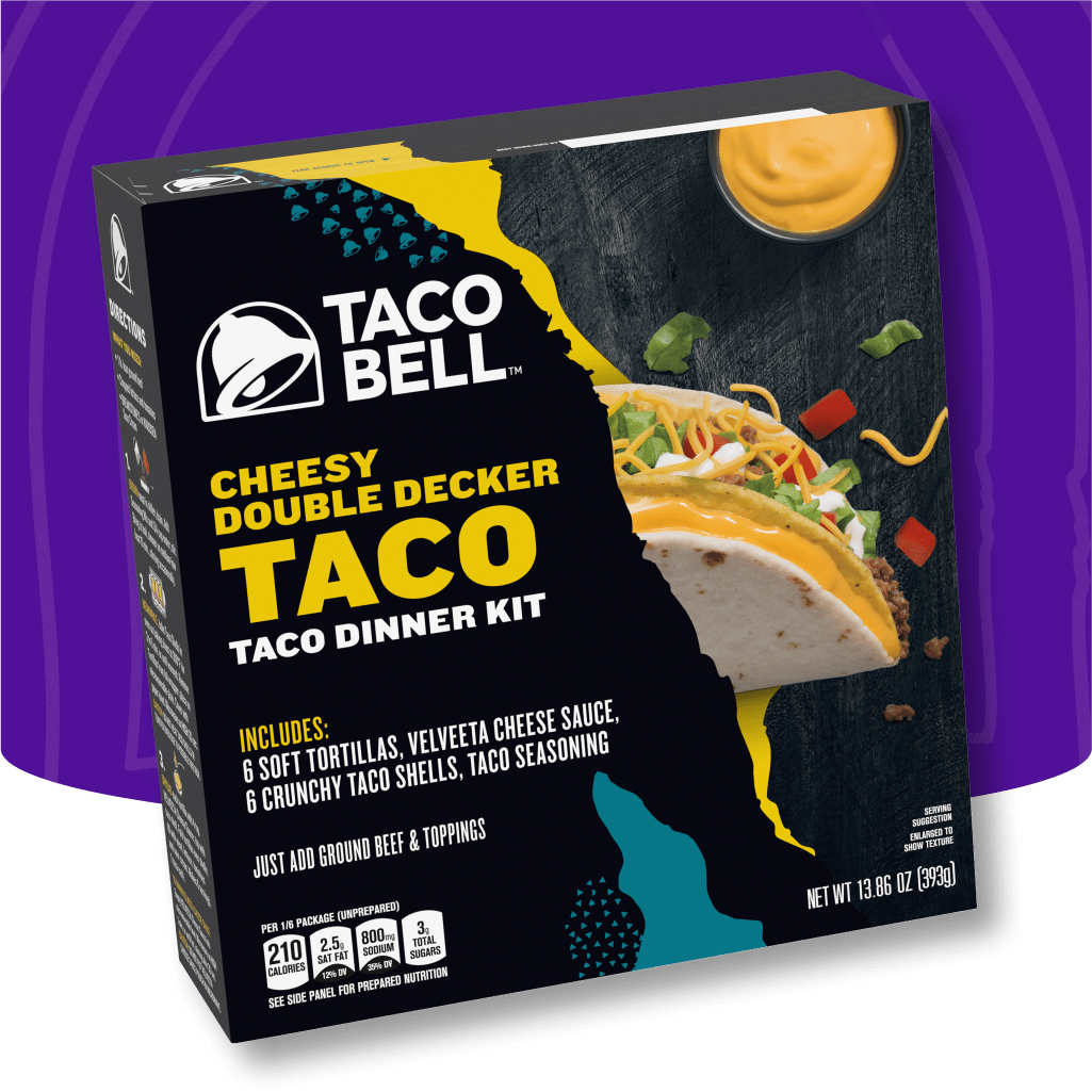 Taco Bell Cheesy Double Decker Taco Dinner Kit. Includes soft tortillas, Velveeta cheese sauce, crunchy taco shells, and taco