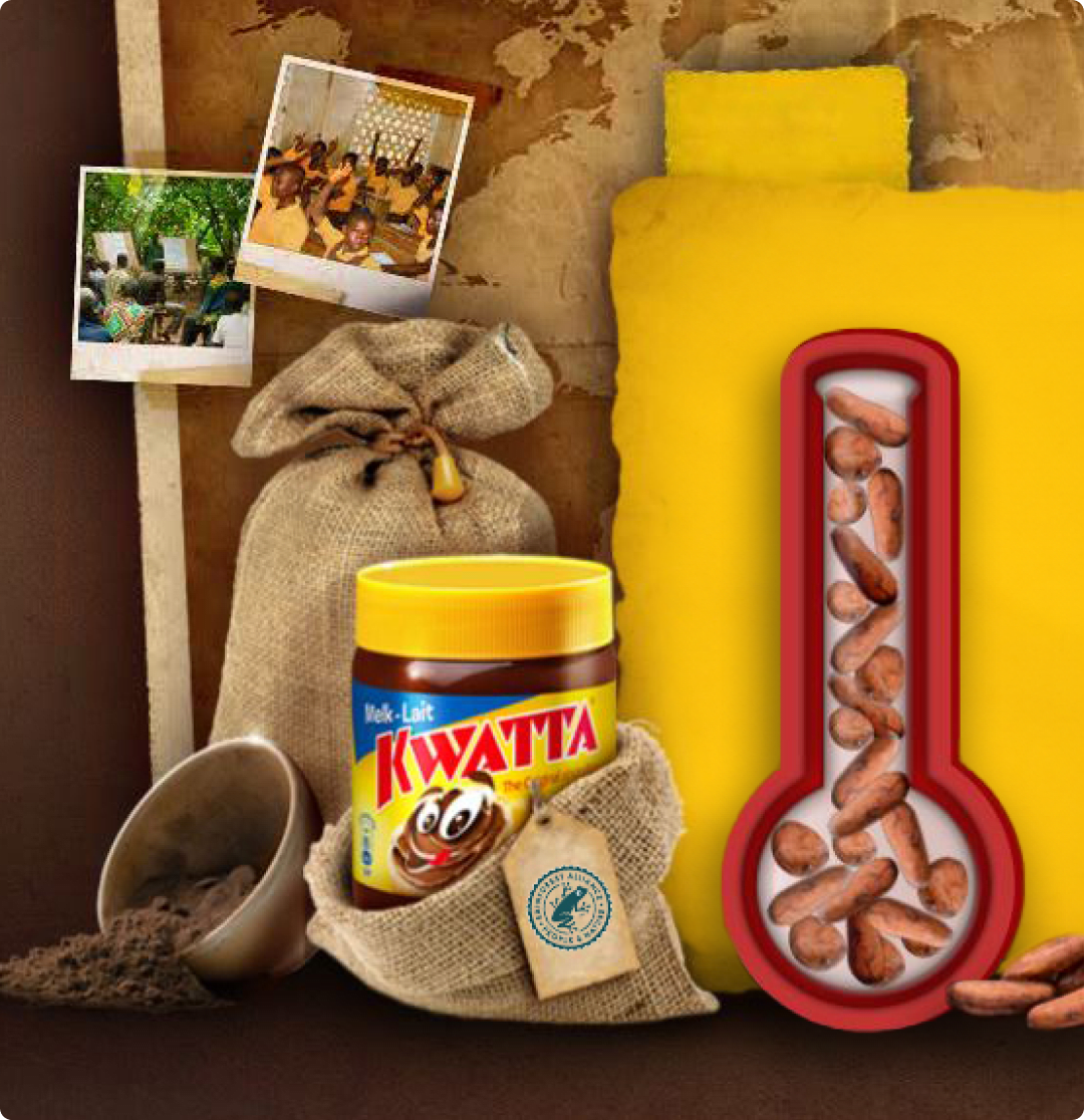 Image du pot Kwatta, des fèves de cacao et de l'imagerie associée.
