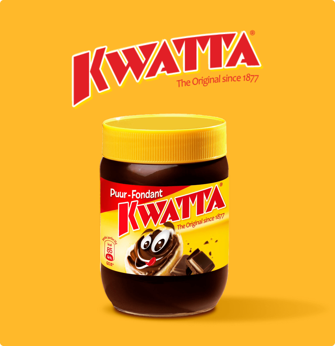 Un pot de pâte à tartiner au chocolat Kwatta Puur-Fondant.