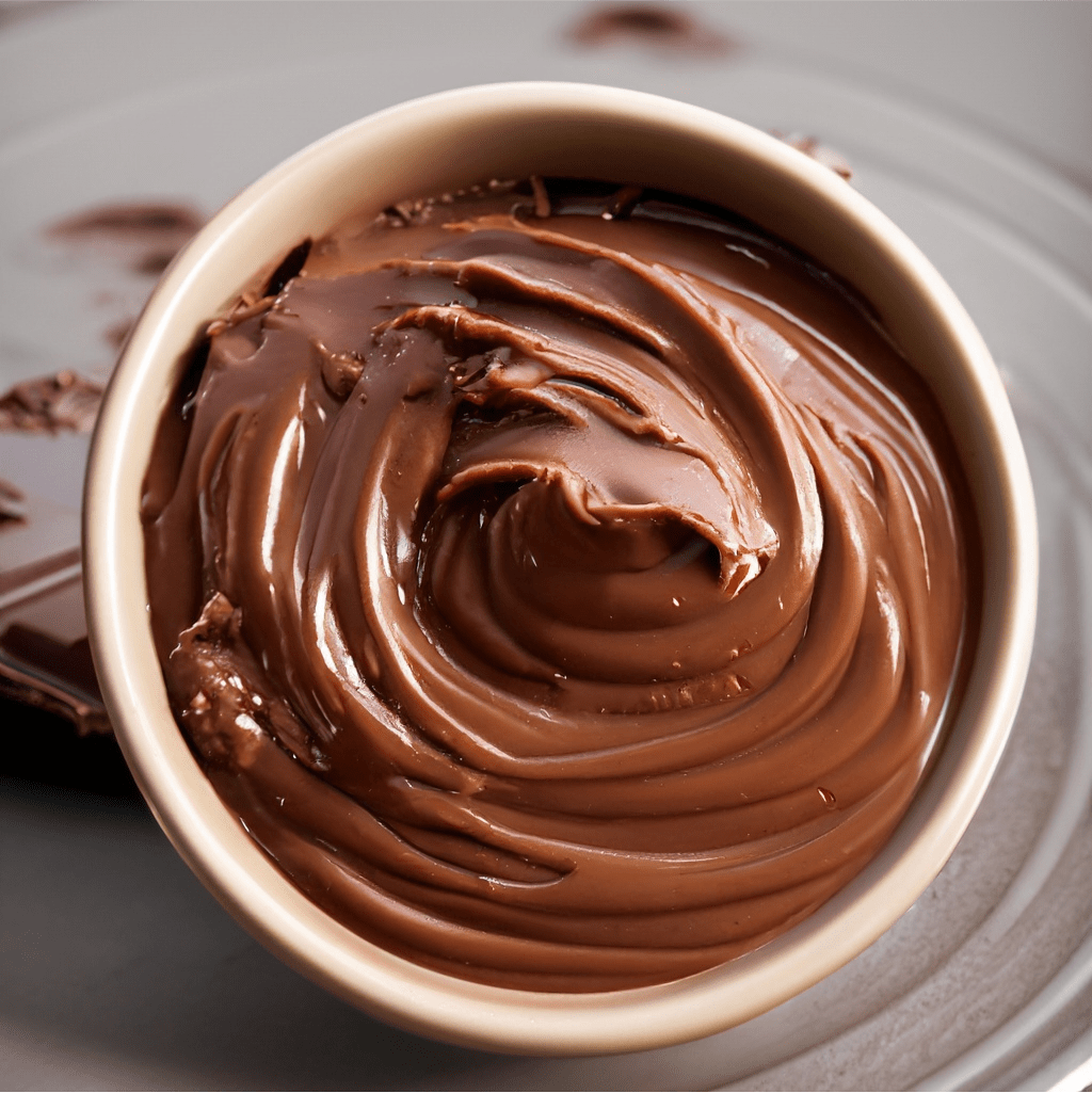 A bowl filled with a smooth, thick swirl of rich chocolate frosting.