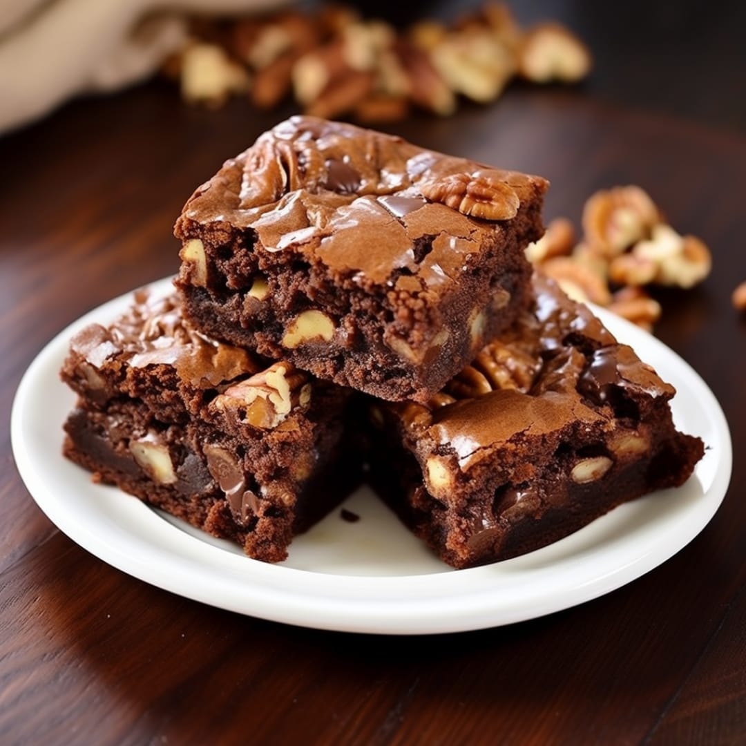 A stack of thick, fudgy chocolate brownies filled with chopped walnuts on a white plate.