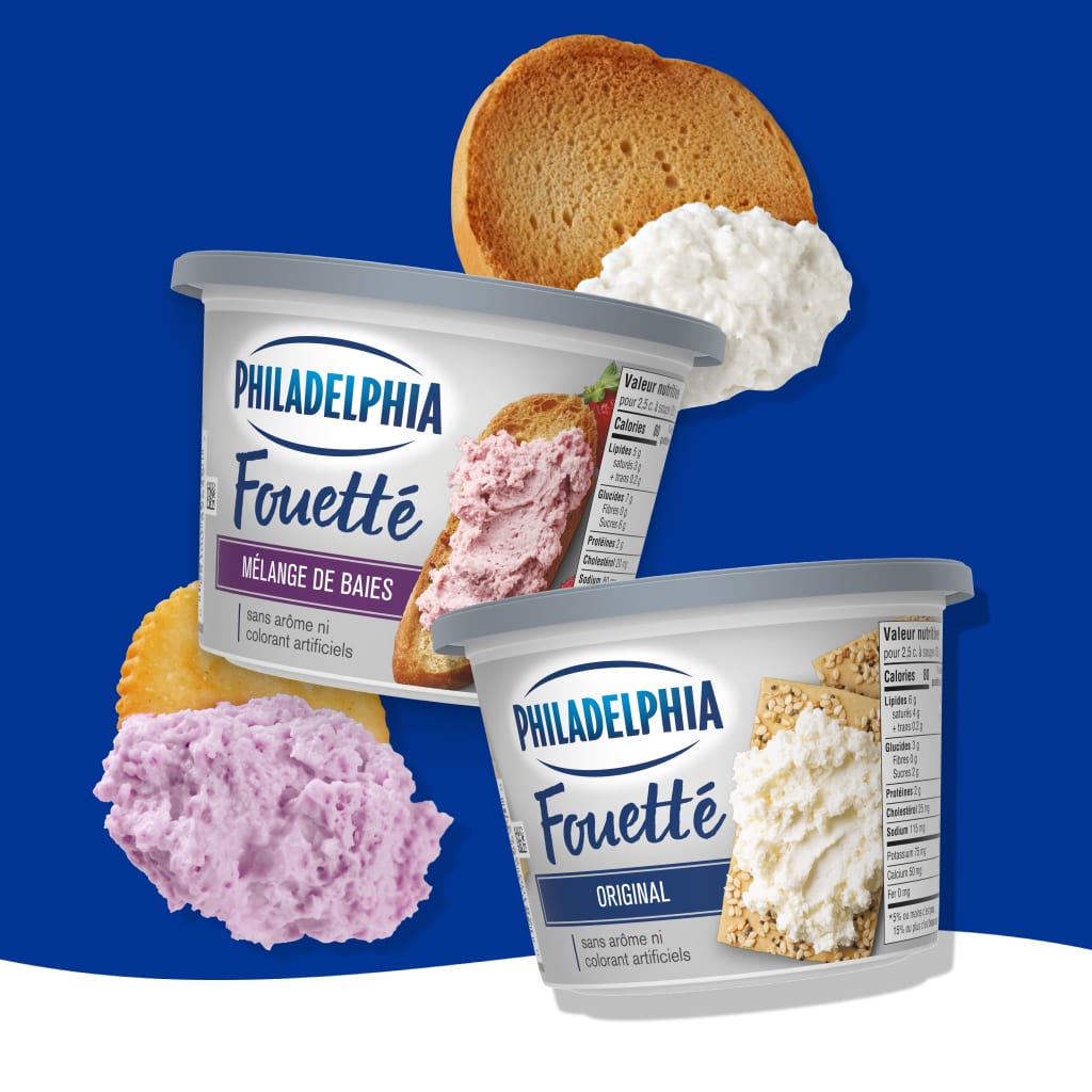 Photos de produits de fromage à la crème Philadelphia Fouetté dans différentes saveurs avec du pain et des craquelins.
