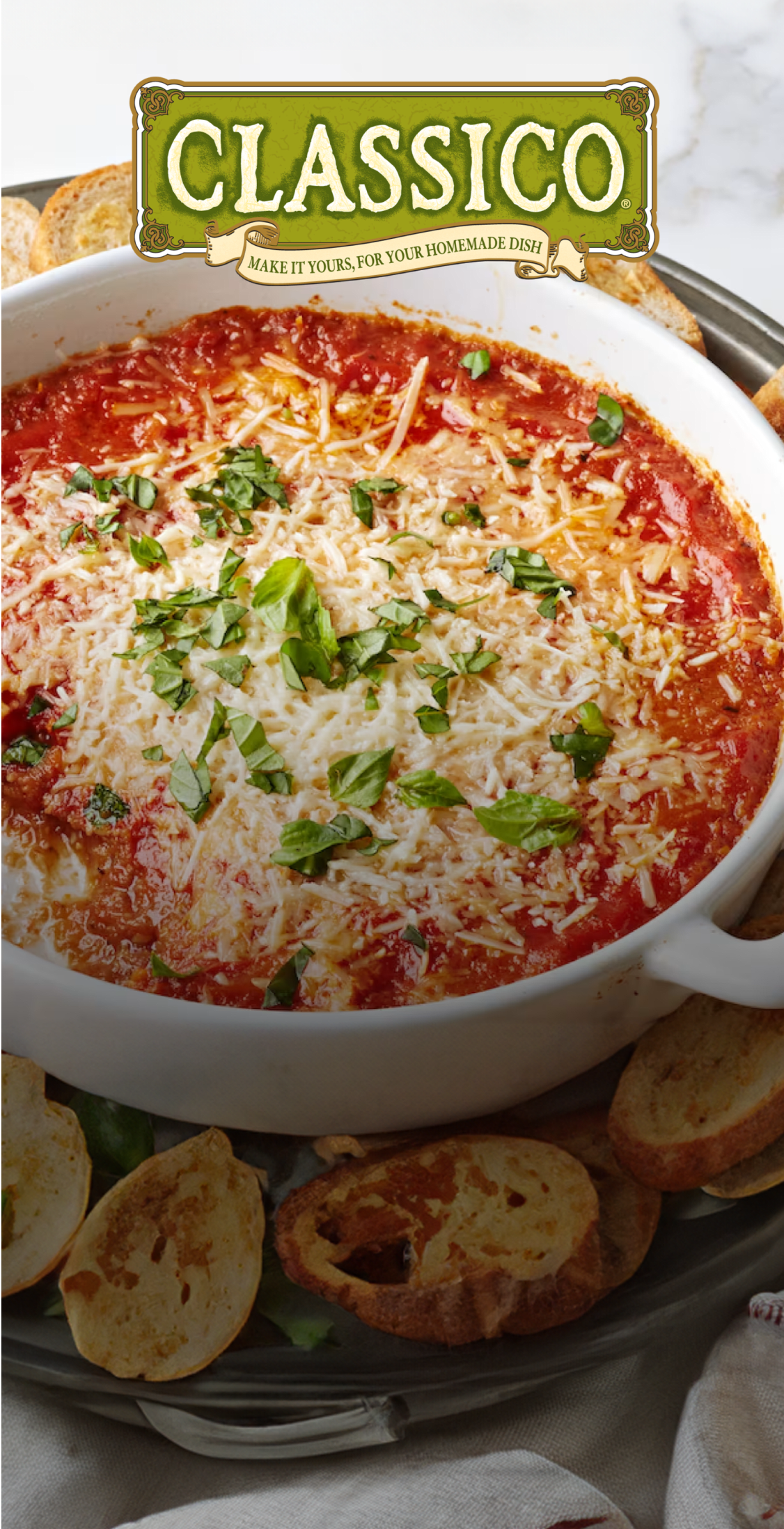 Jar of Classico tomato sauce with "Let's get cooking" text overlay.