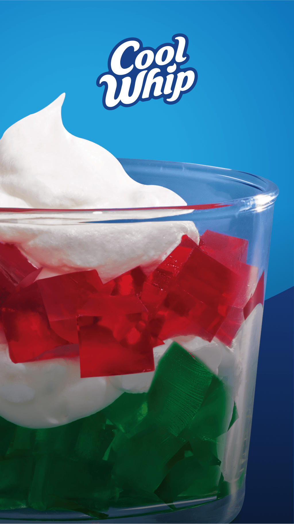 A cup of jello trifle with whipped cream on top and the Cool Whip logo above