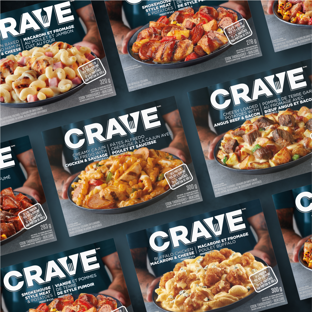 Image de divers repas surgelés Crave, mettant en évidence les combinaisons de saveurs et les ingrédients.