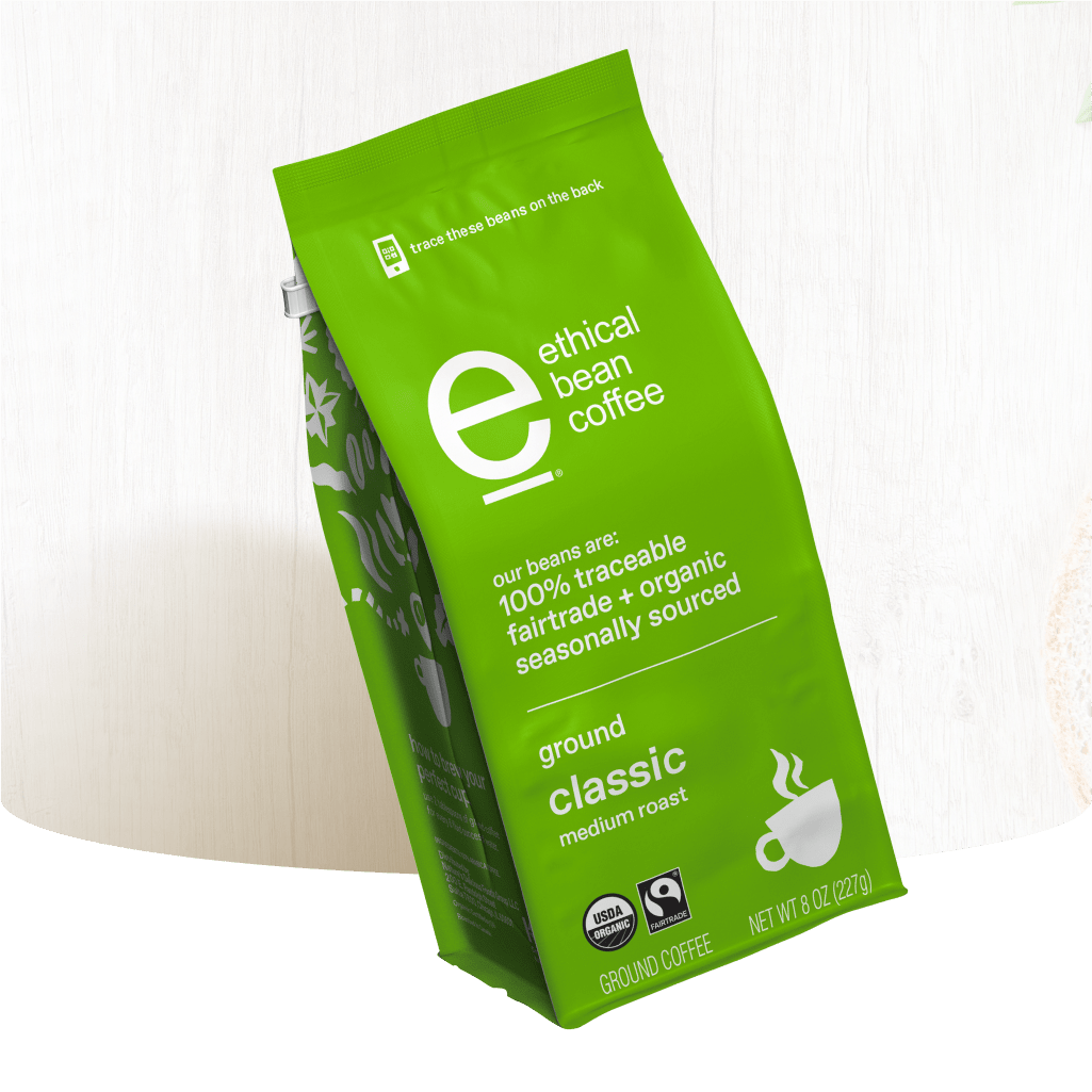Green bag of Ethical Bean Coffee, classic medium roast.