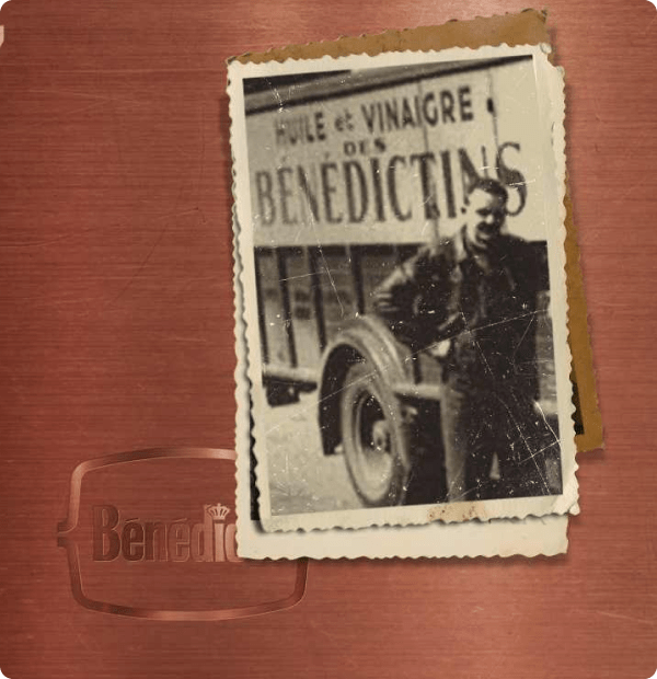 Une photo historique d'un camion de livraison Bénédicta.