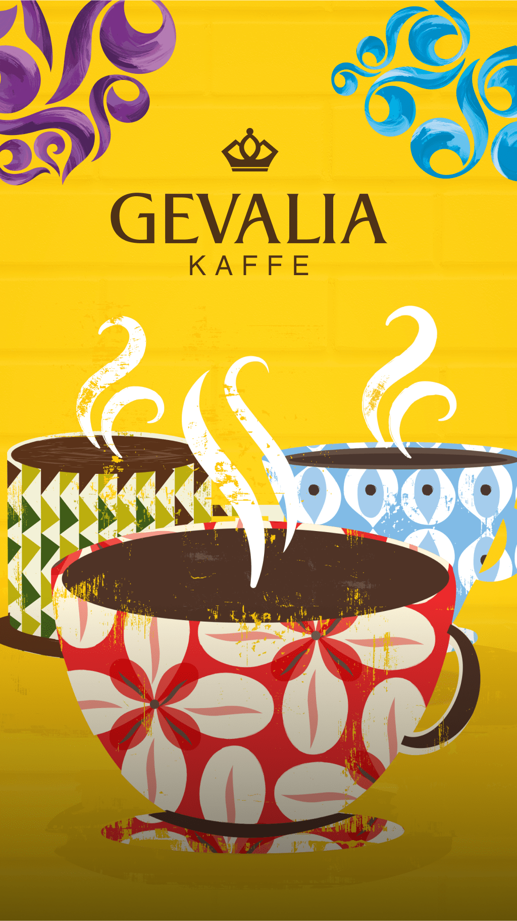 Illustration of three coffee cups with Gevalia logo.